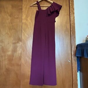 Girls Rare Editions One-Shoulder Ruffle Jumpsuit in Wine Size 14